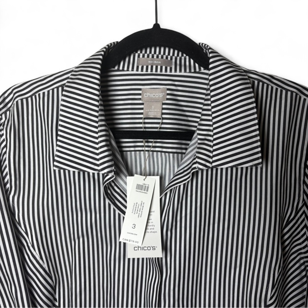 Chico’s Black White Striped Tunic Shirt XL (3) Cotton No Iron NWT - Picture 4 of 8